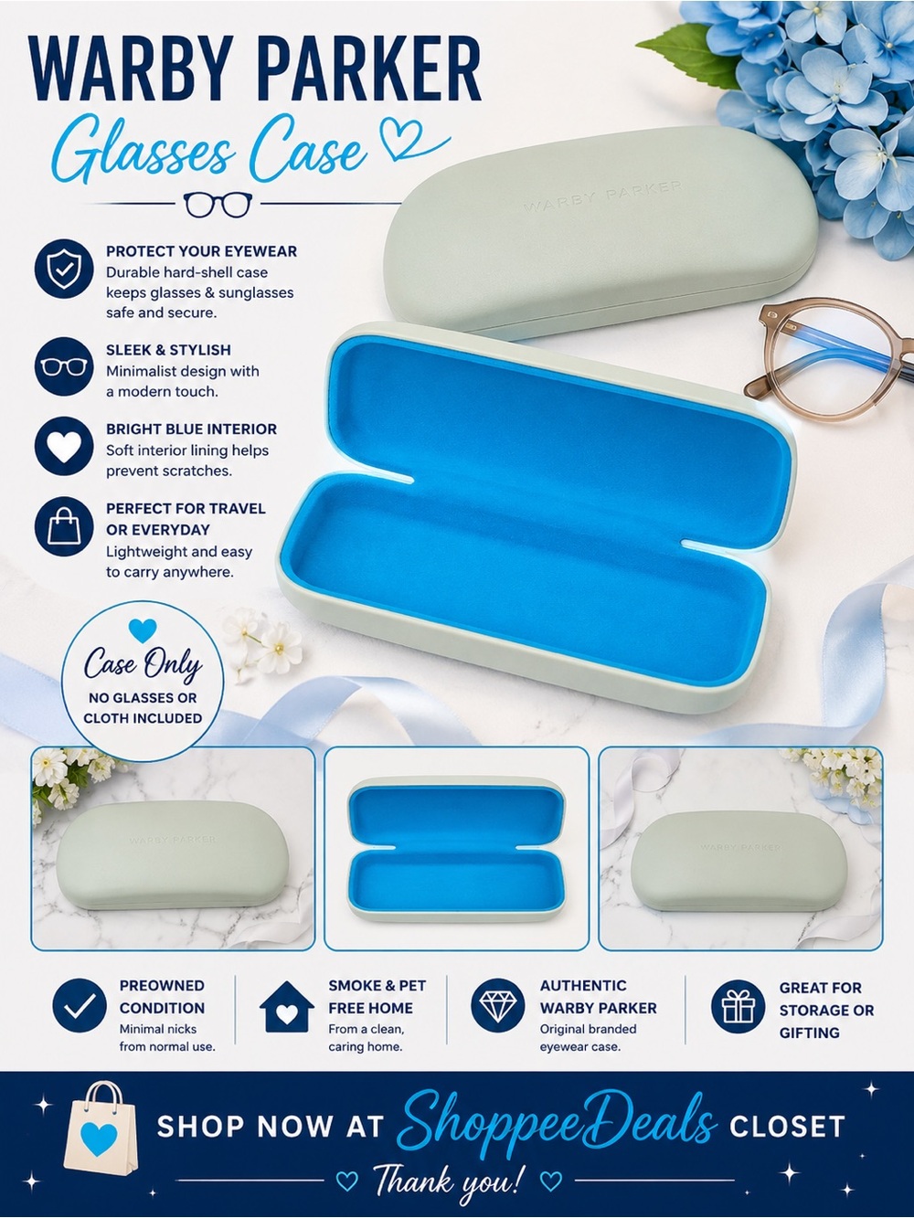 Warby Parker Eyeglasses Hard Case – Blue Interior